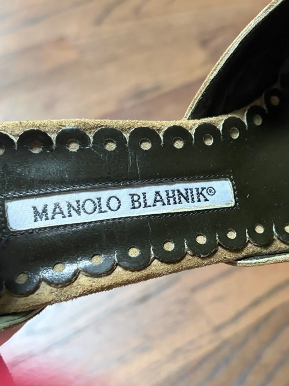 Manolo Blahnik Olive Suede Pointed-Toe Ankle-Strap Pumps